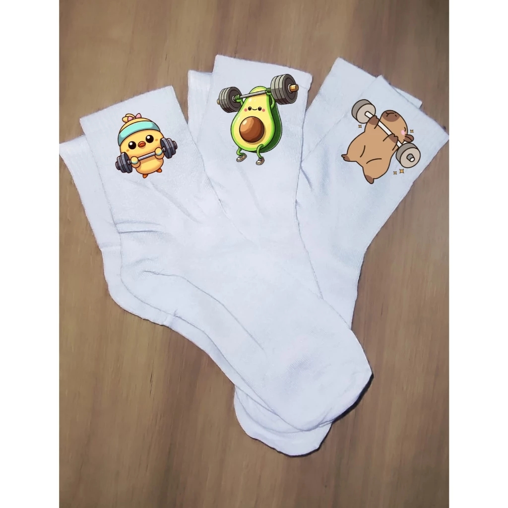 MEIAS FEMININA KIT 3 PARES ACADEMIA DESENHO ANIMADO CAPYBARA TREINO