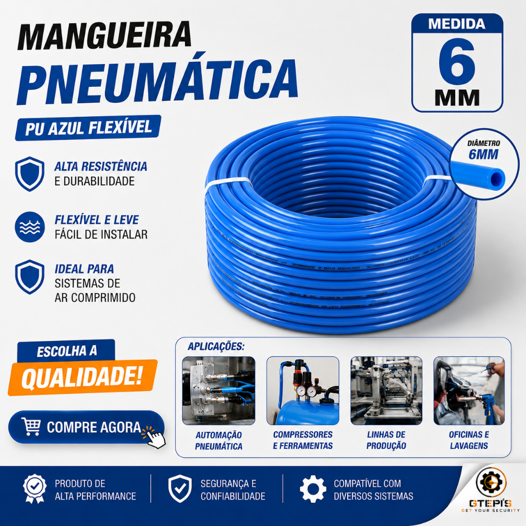 Mangueira Pneumática 6mm PU Azul Tubo Poliuretano Flexível 10 Bar 150 PSI Alta Resistência