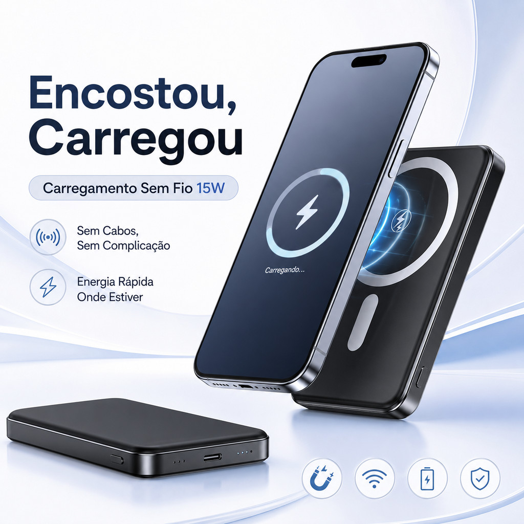 Power Bank Magnético Slim 10.000mAh com Carregamento Sem Fio 15W e PD 22.5W Preto