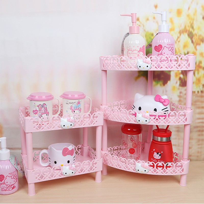 [Estoque Pronto] HelloKitty Drain Rack Plástico Multi-Layer Rack Plástico Cozinha Pequeno Rack de Armazenamento Rack de Armazenamento de Mesa Rack de Armazenamento de Banheiro Organizador de Banheiro Cute Cartoon Pink