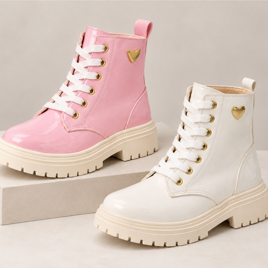 Kit 2 Botas Kids Verniz Coração Ouro Menina Coturno