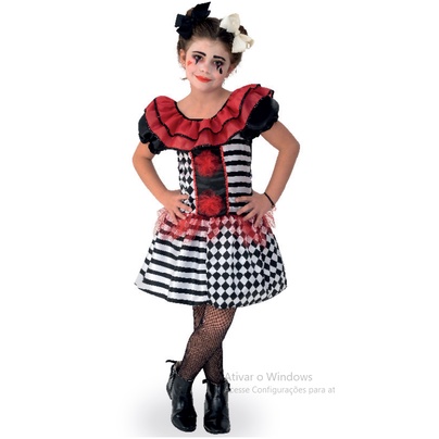 Fantasia Vestido Pierrot Infantil Palhaça Zumbi Arlequina Terror Halloween Carnaval Dia das Bruxas Festa Tema Circo