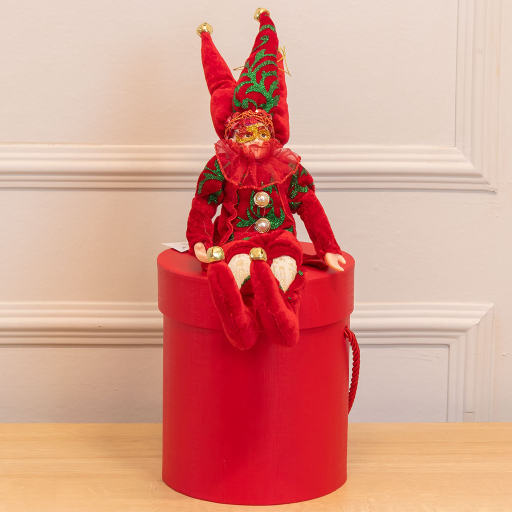 Boneco Natal Pierrot Pendurável Vermelho e Verde - 30cm (Florarte)