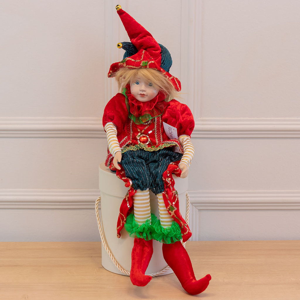 Boneco Pierrot Natal Sentado C/Musica (Vermelho Verde) 42,5cm (Florarte)