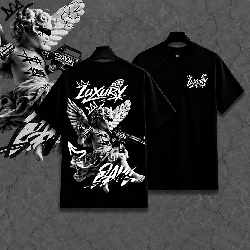 Camiseta Adulto T-shirt Algodão Masculina Anjo Luxury Metralhadora Streetwear Moda1170