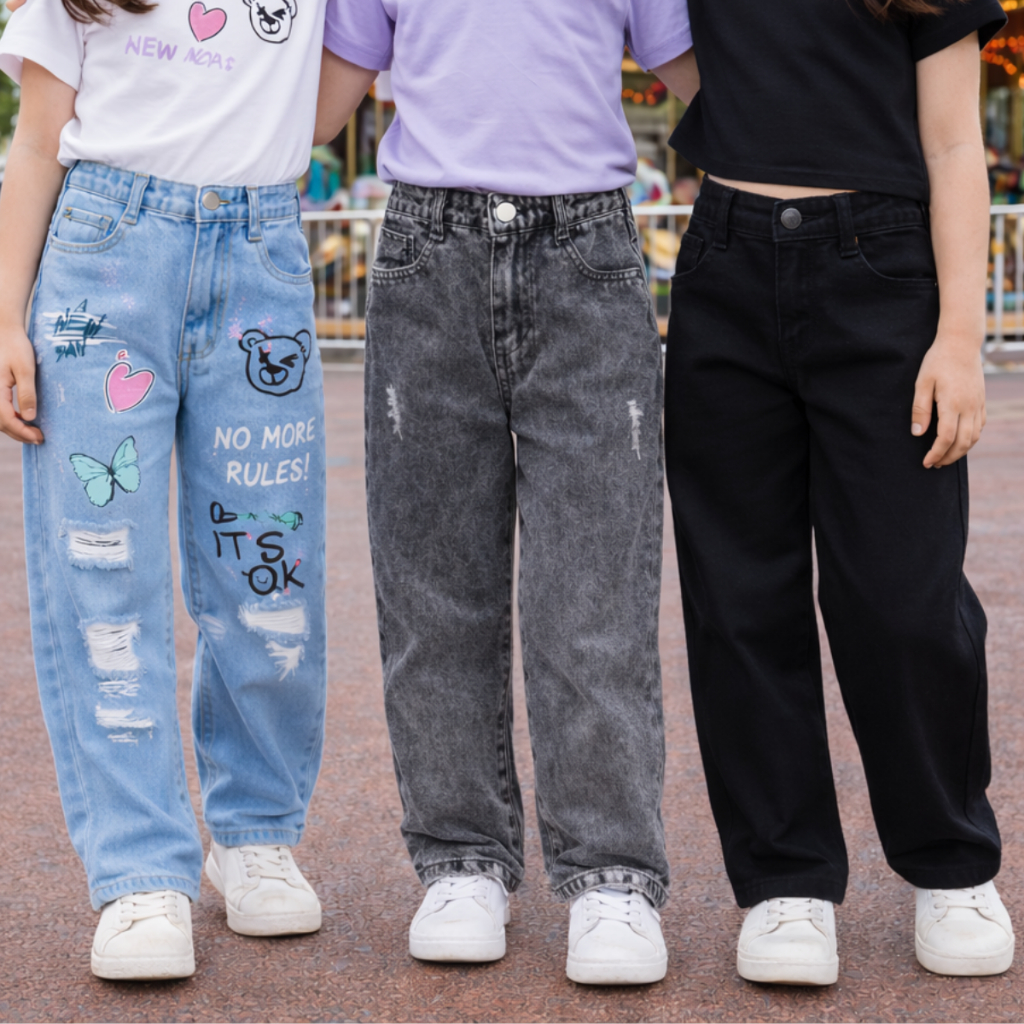 Combo 3 Calças Jeans Estampada Infantil e Juvenil Meninas