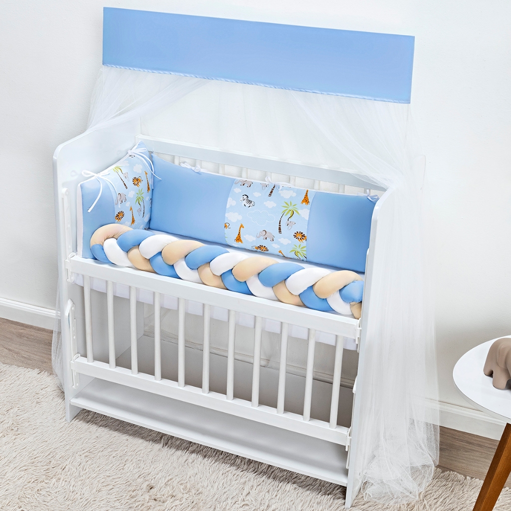 Kit Mini Berço Fofuxo Trança Estampado Safari Azul Bebê Menino 6Pcs