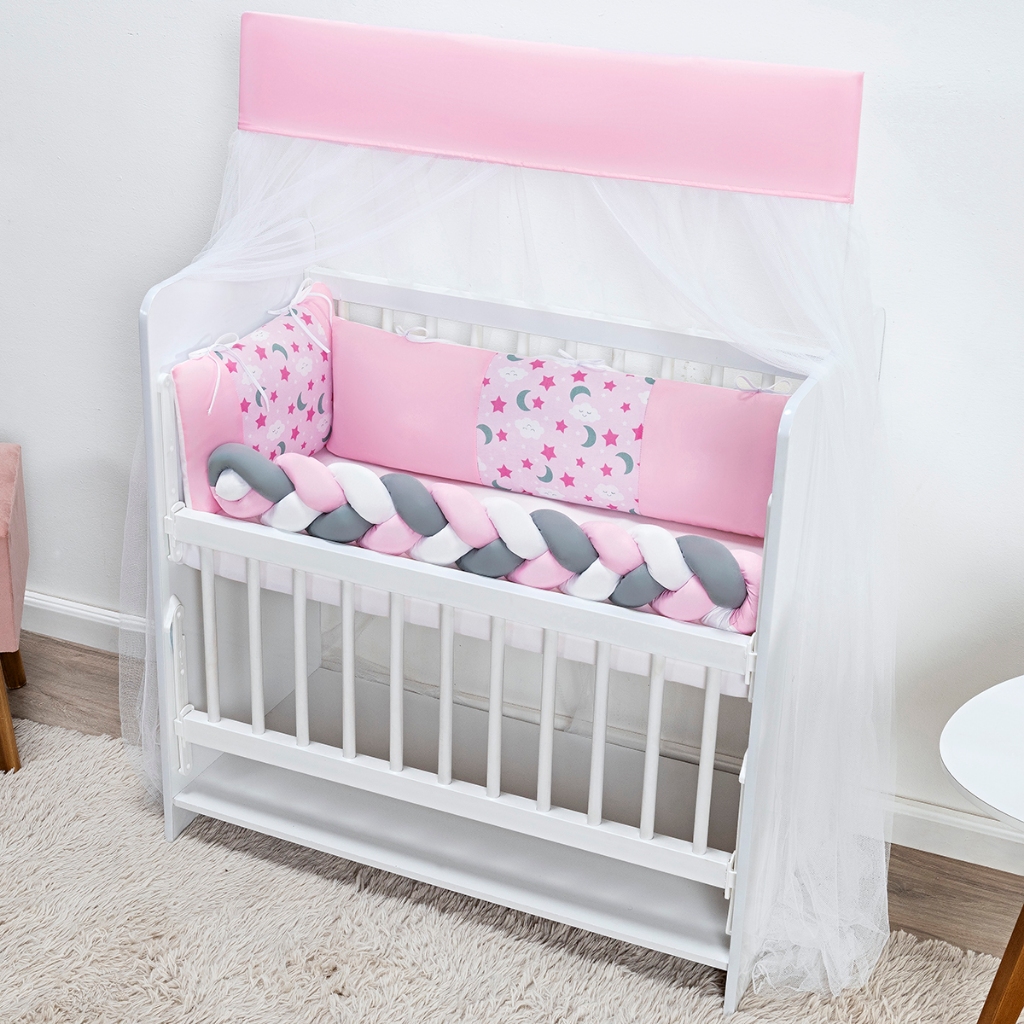 Kit Mini Berço Fofuxo Trança Estampado Lua Rosa Menina 6Pcs