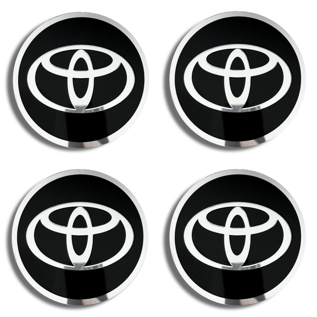 Jogo 4 Emblemas Logo Adesivo Toyota 62mm Preto C/ Prata Para Rodas Esportivas