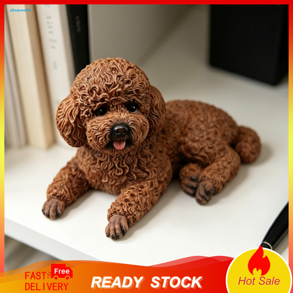 Bookshelf Display Piece Resin Poodle Statue Realistic Small Teddy Dog – Cute Laying Pet Model for Car Dashboard Desk S