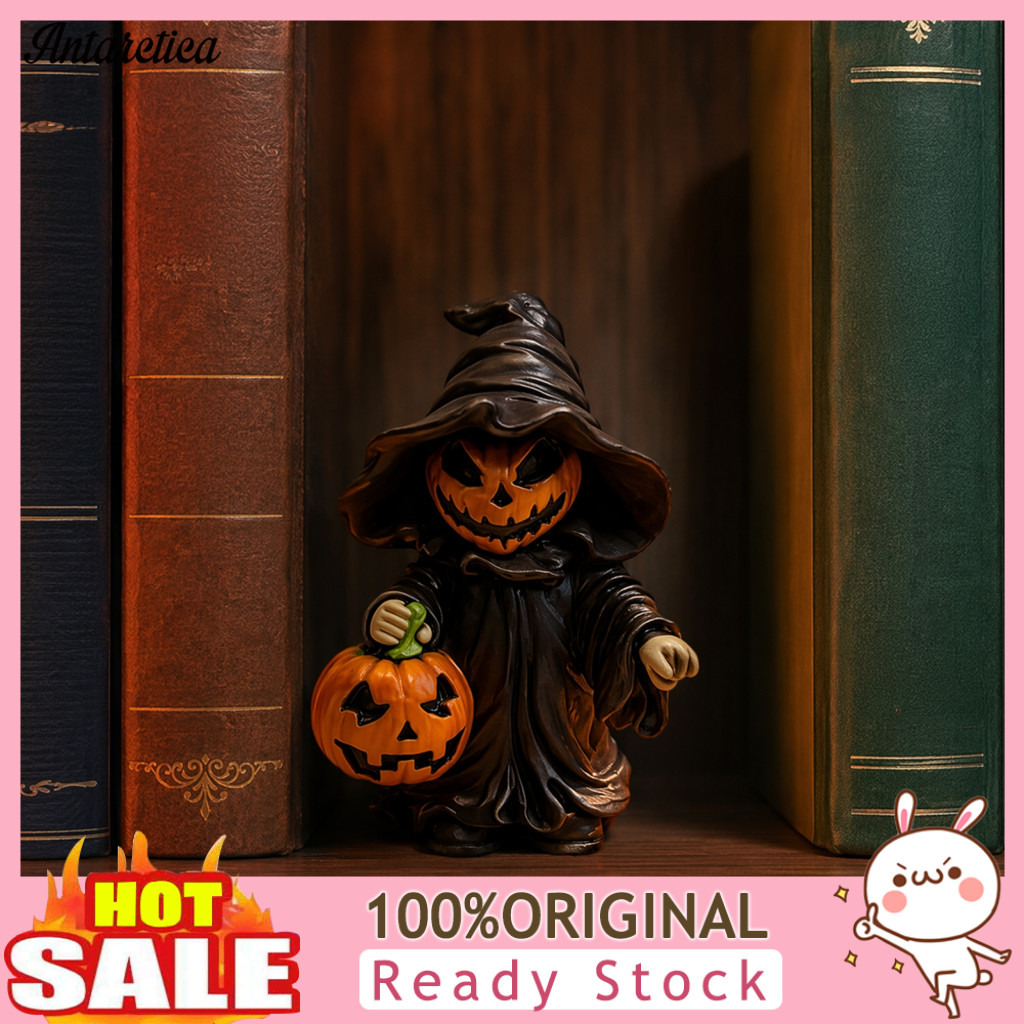 Small Halloween Pumpkin Decor Ornament Witch Statue with Cute Resin Pointed Hat Black Robe Spooky Tabletop for Home