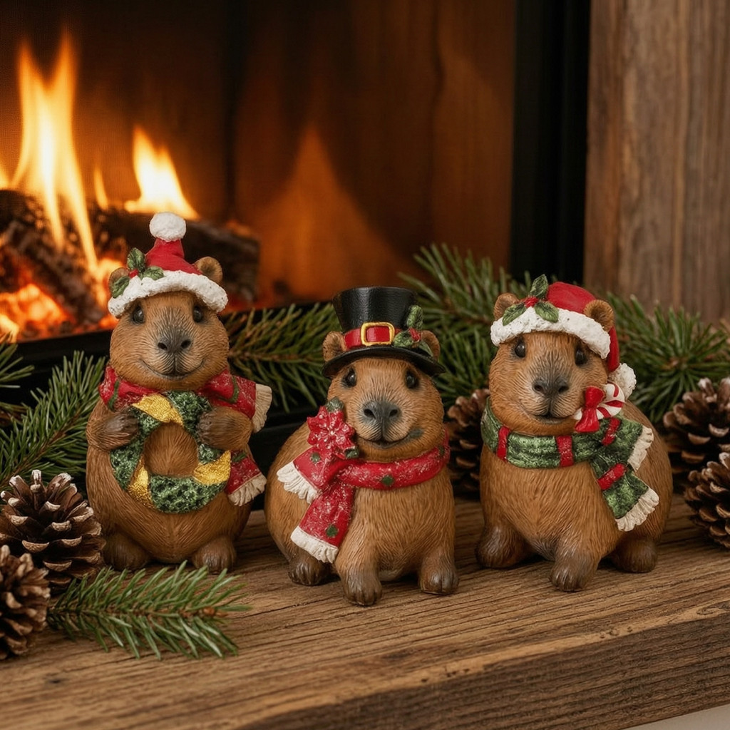 Christmas Capybara Figurine with Hat and Scarf – Cute Resin Statue Cartoon Decoration for Home Holiday Party Tabletop