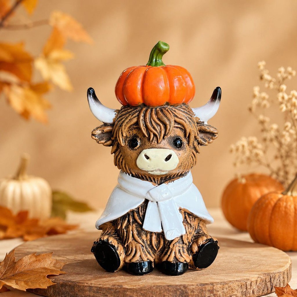 Cute Highland Cow Pumpkin Figurine Resin Statue Autumn Harvest Home Decor Fall Tiered Tray Table Decoration for Room Off
