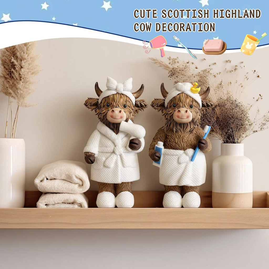 Cute Highland Cow Figurine in Bathrobe Resin Ornament for Bathroom Counter Decor Farmhouse Style Home Decoration Perfect