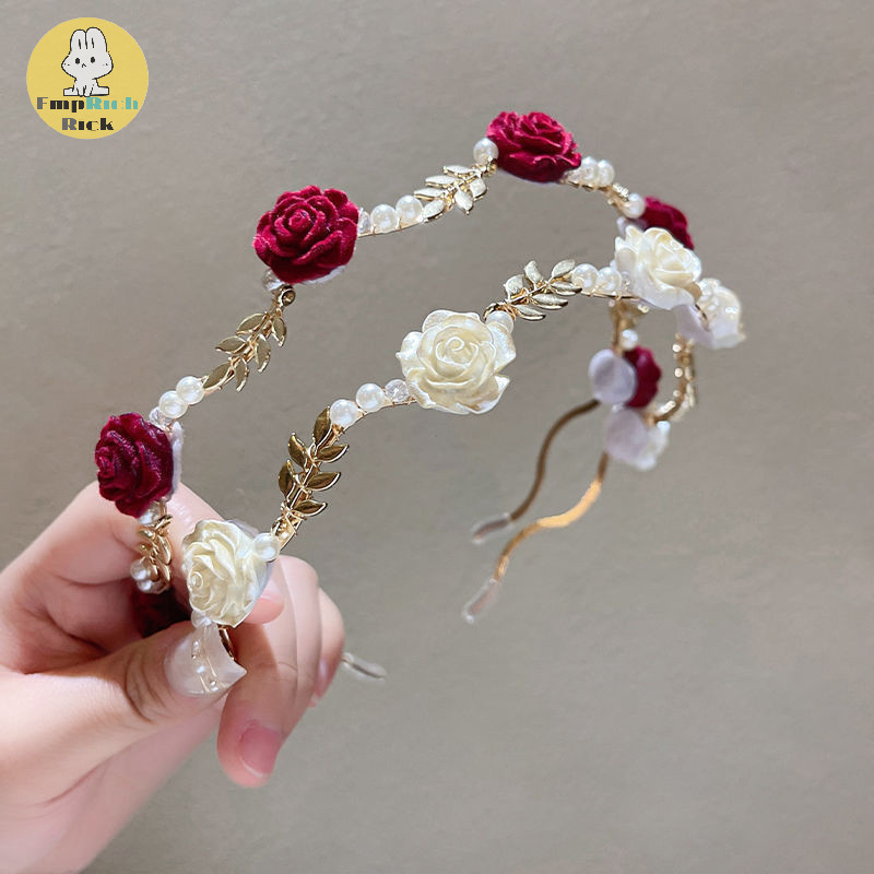 EMRRK > Ladies Elegant Rose Hair Accessories Headdress Girls Vintage Metal Flower Pearl Vermelho Rosa Branca Tiara Hairb