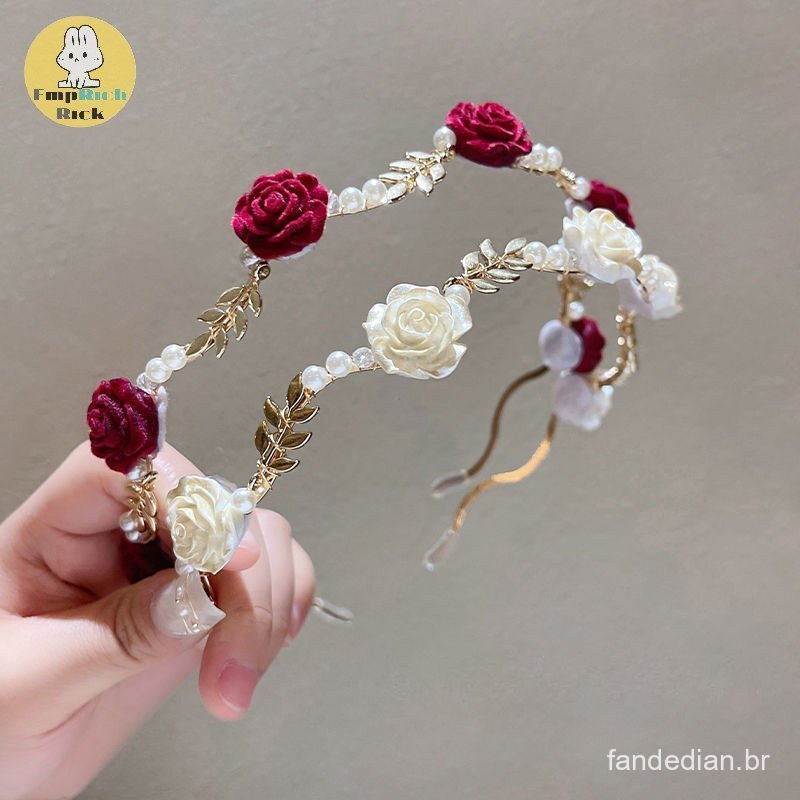 EMRRK > Ladies Elegant Rose Hair Accessories Headdress Girls Vintage Metal Flower Pearl Vermelho Rosa Branca Tiara Hairb