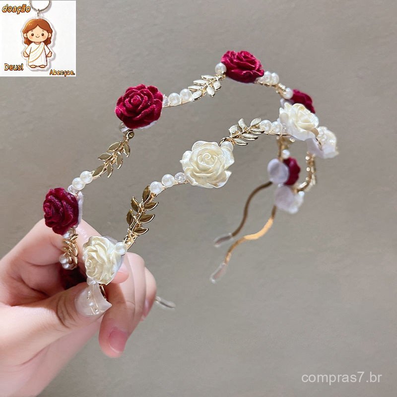 Adegree Ladies Elegant Rose Headband Acessórios De Cabelo Cabeleireira Meninas Vintage Metal Flower Pearl Vermelho Rosa