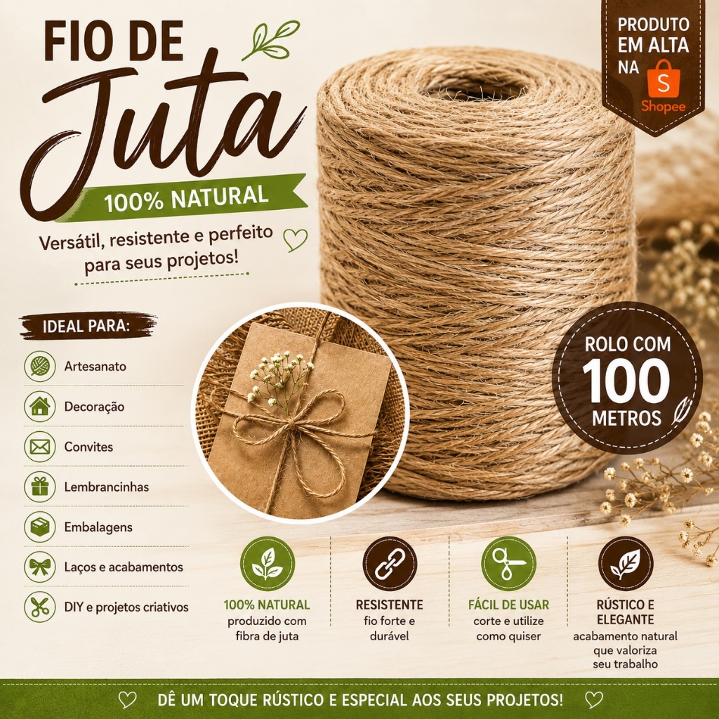 Fio de Juta 100m Artesanato Convites Lembrancinhas Decoração