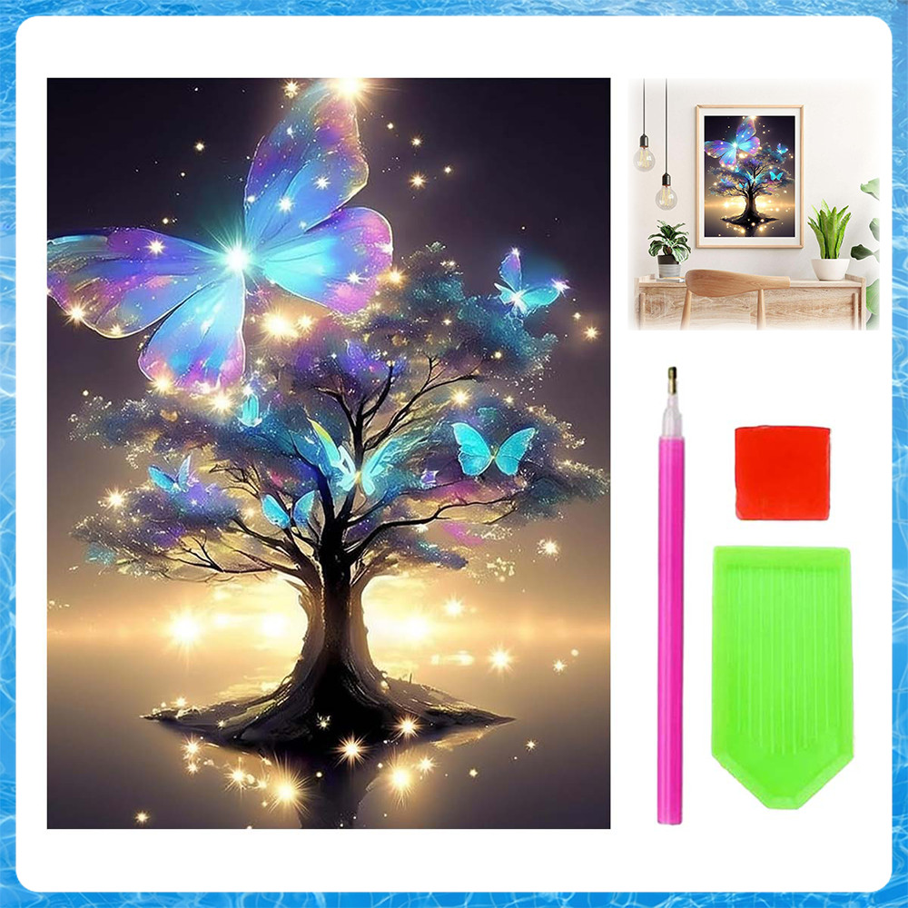Pintura de Diamante 5D Tema Estrela Borboleta Árvore 40x30cm – Acessórios Inclusos, para Aliviar o Estresse e Relaxar