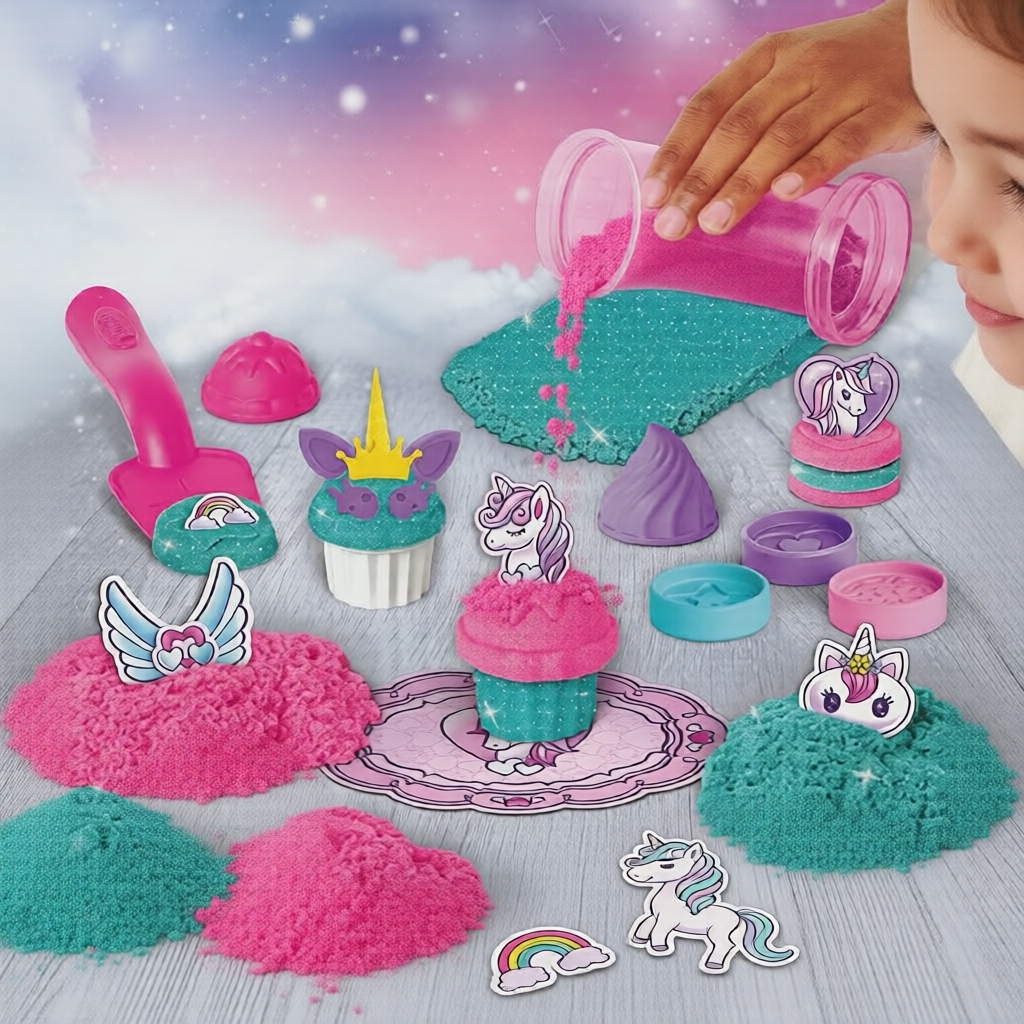 Conjunto de Massinha de Modelar Kinetic Sand Unicorn Bake Shoppe: 1lb de Areia Brilhante com Moldes de Confeitaria,