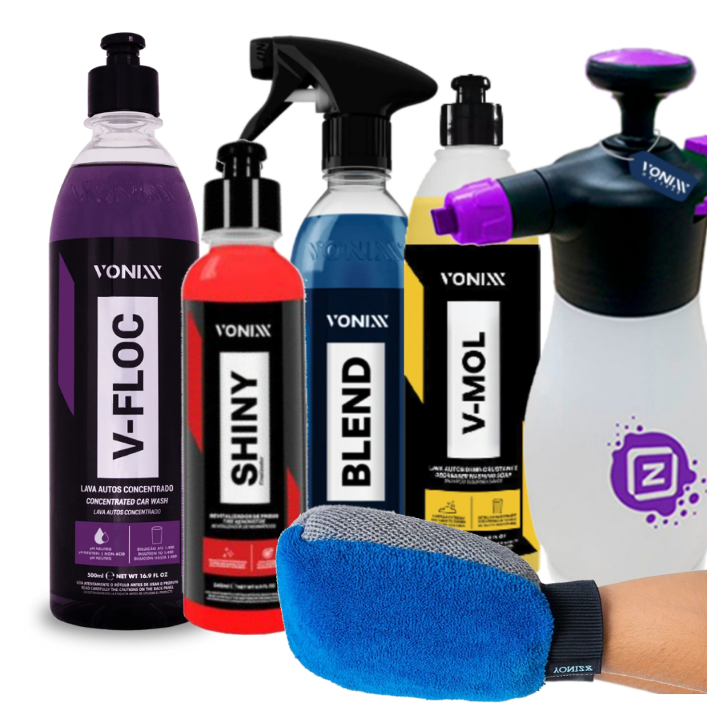 Kit Lavagem Completa Premium Snow Foam V-Floc V-Mol Cera Blend Pretinho Shiny + Luva