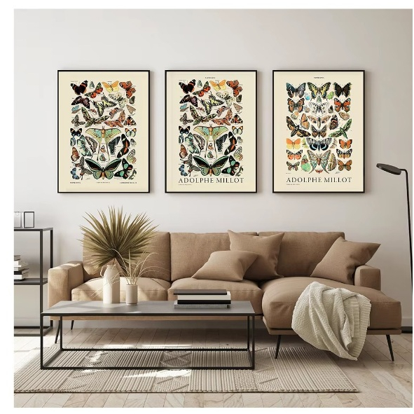 Quadros decorativos Nórdico vintage borboleta imagem da parede cartaz estilo moderno (3 peças)
