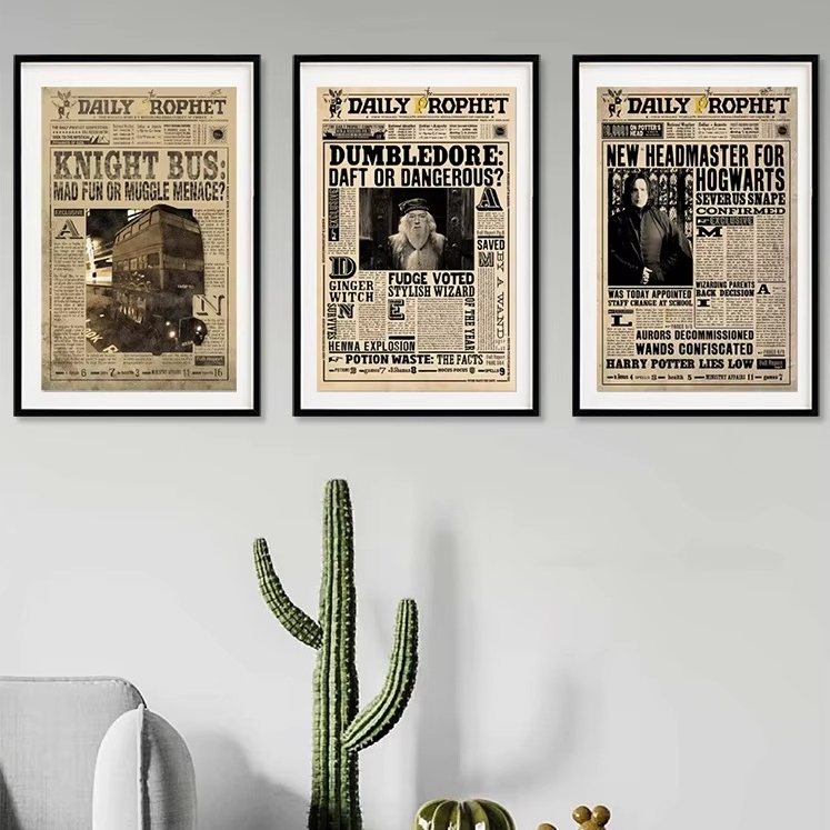 Quadros decorativos estilo jornal vintage mágico (3 peças)