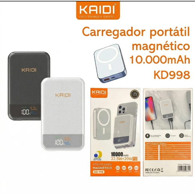 Carregador Portátil Power Bank Kaidi KD-998 10000mAh – Indução Wireless