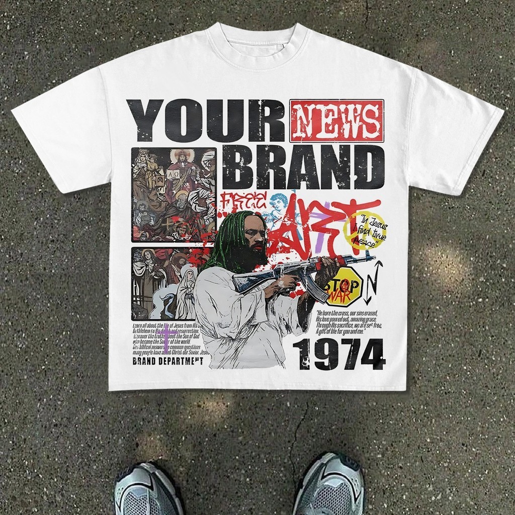 Camiseta Masculina Retrô 1974  YOUR BRAND ART  - Branca, Corte Solto, Gola Redonda Casual com Iconografia Religiosa