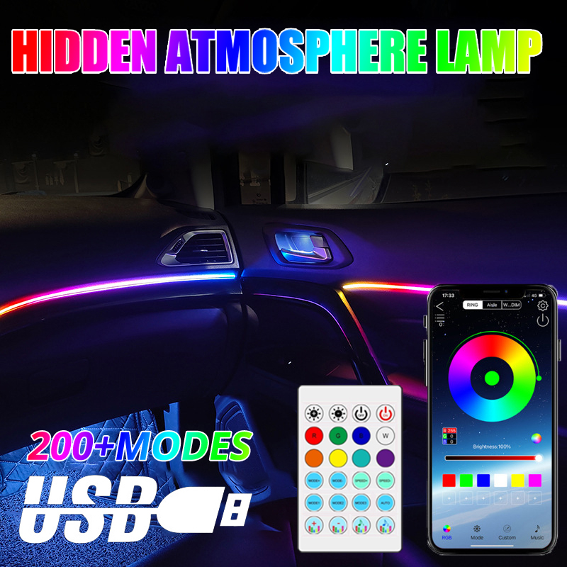 Luz Ambiente Do Carro LED 64 Tiras Acrílicas Coloridas 110cm Full Colors RGB Interior Lâmpada De Controle Remoto Da Atmosfera Oculta