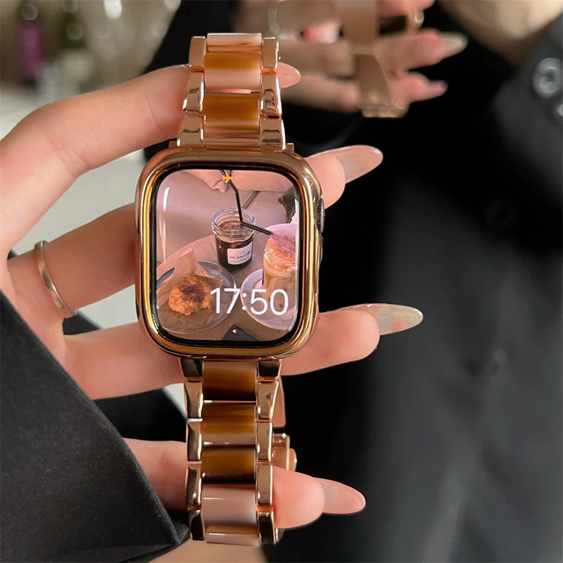 Pulseira de Metal e Resina com Efeito Mármore Arco-Íris para iWatch Ultra 49mm 11 10 9 8 7 8 41 46mm 42mm 45mm 38 40mm 4