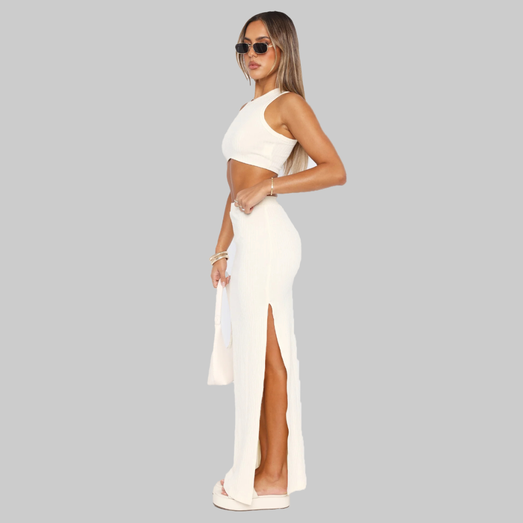 CONJUNTO FEMININO ADULTO SAIA LONGA TOP CROP REGATINHA CANELADO POWER AITONA