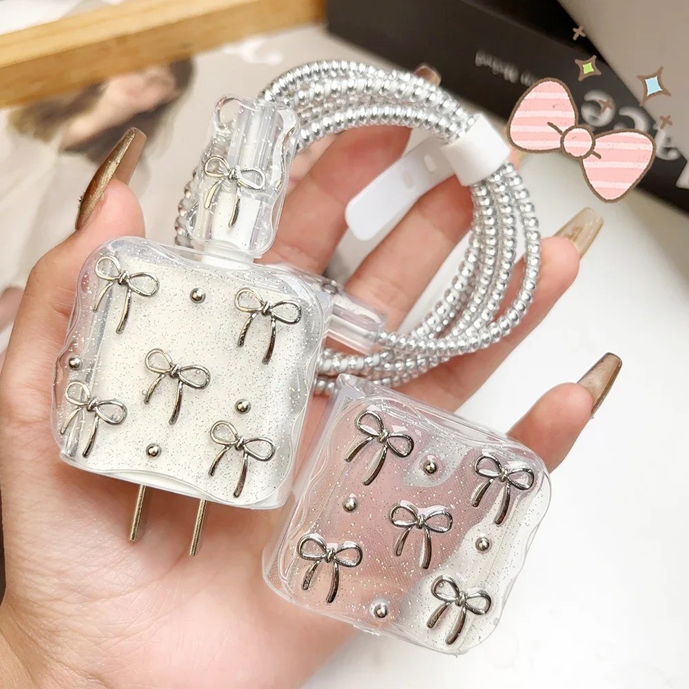 Transparente 3D Bowknot Pérola Onda Borda Epóxi USB Protetor Capa Para iPhone 18W-20W Linha De Dados Cabeça Cabo Caso Ca