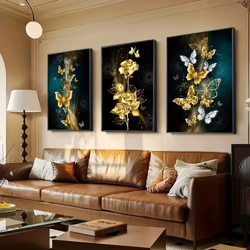Quadro Decorativo Trio Rosas e Borboletas Douradas Luxury