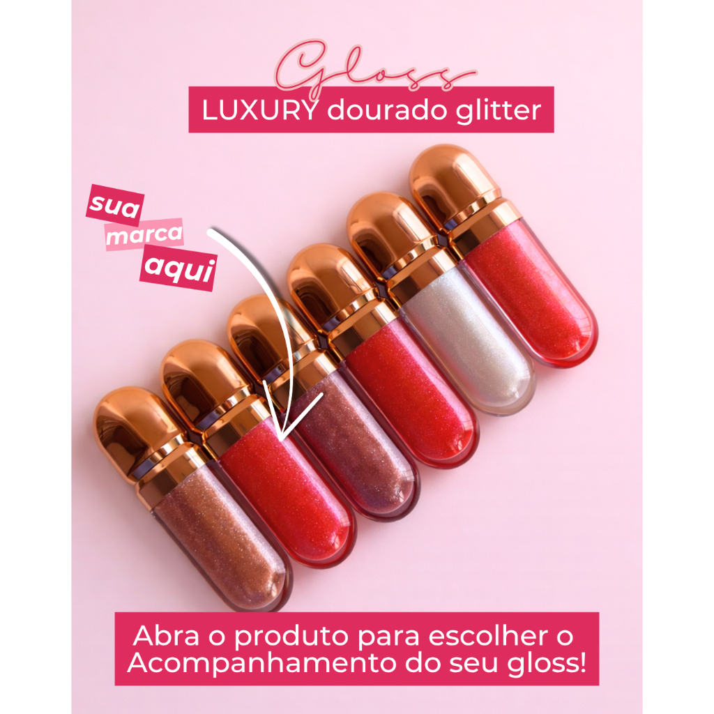 30  gloss personalizado com sua logo ou tema - luxury dourado glitter