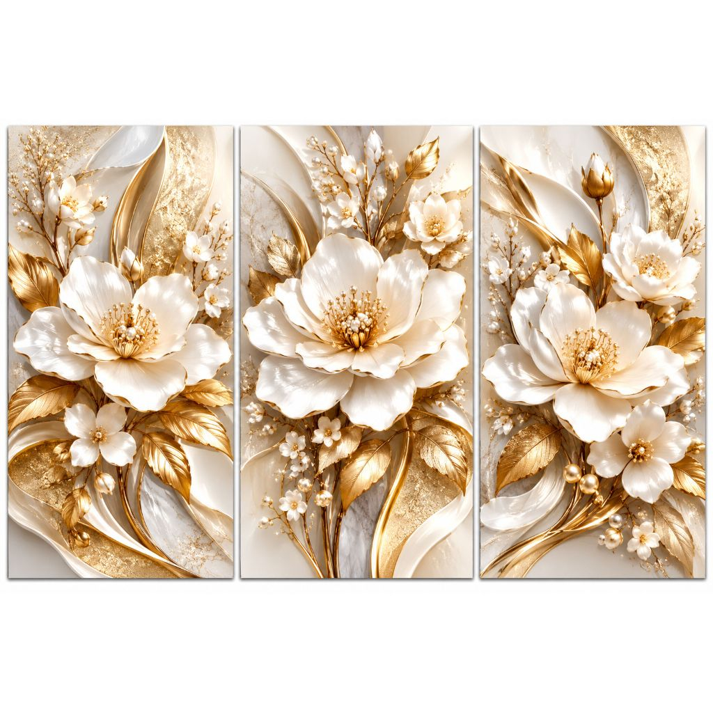 Kit de Quadros 3 Peças Decorativas Para Sala Quartos Flores Brilhantes Douradas Gold Luxury Importada(Flores Branca)