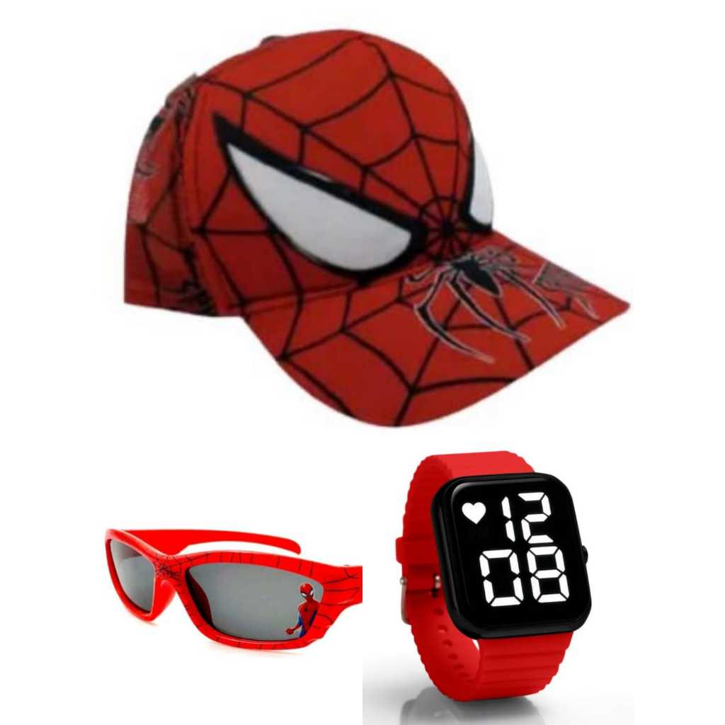 Kit boné , oculos e relógio digital smart a prova d agua infantil masculino do homem aranha qualidade e o melhor preco.