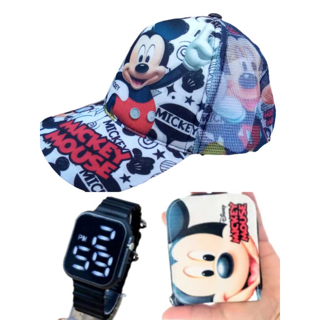 Boné e carteira do Mickey ,relógio smart a prova d agua infantil masculino , seu filho feliz com um presente assim.