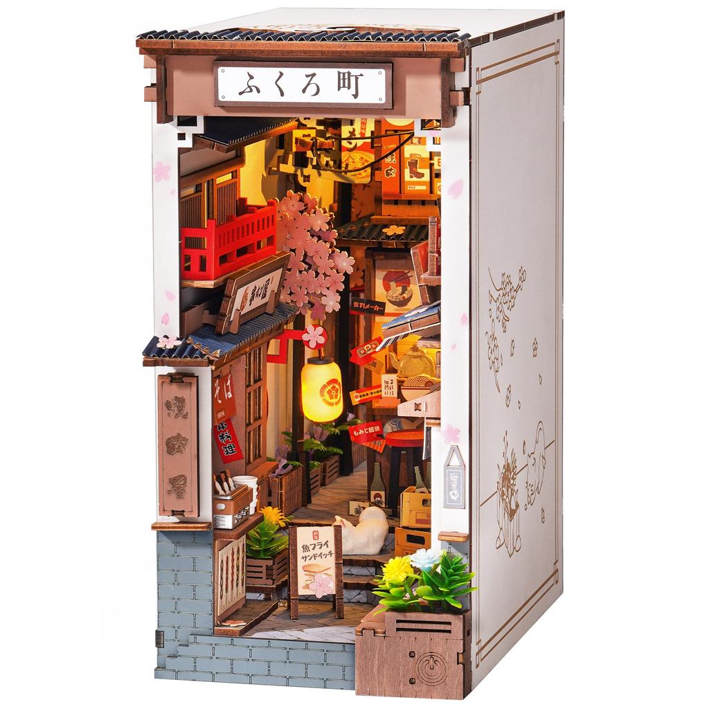 3D Wood Puzzle, Japanese-Style Izakaya Miniature House, Handmade Wooden Bookstand with Built-in LED Light, Mini World