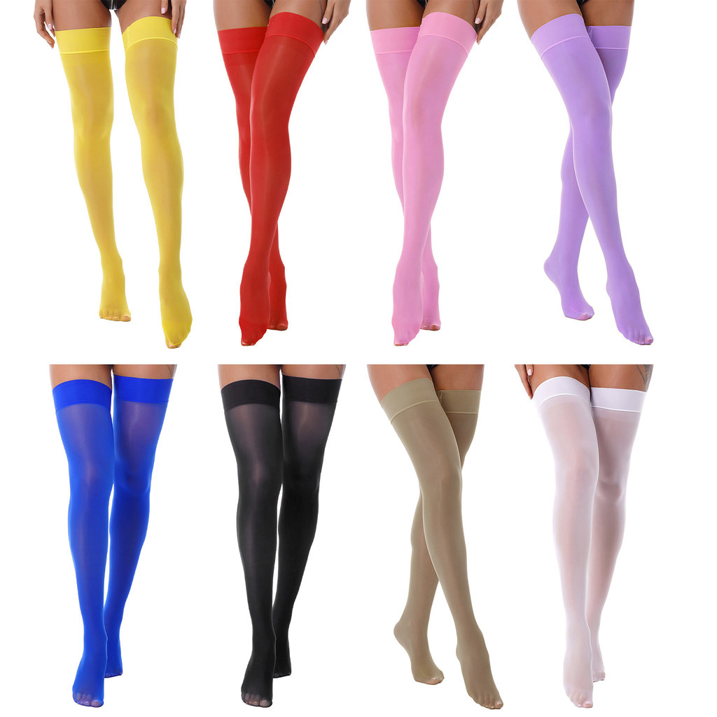 inhzoy Womens Glossy See-through Stockings Thin Shiny Solid Color Elastic Sheer Thigh High Socks