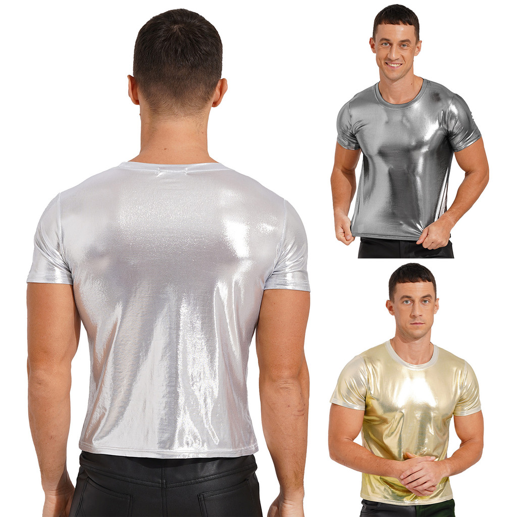 inhzoy Mens Shiny Metallic Short Sleeve T-shirt Round Neck Glossy Solid Color Tops for Dance Party Rave Festival
