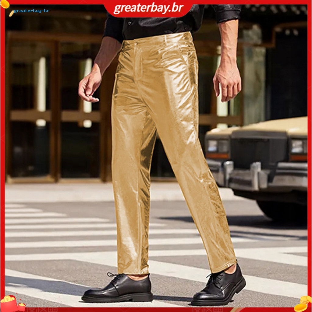 Men's Mid-rise Shiny Casual Pants with Button Zipper Fly Reinforced Pockets Solid Color Glossy Club Trousers – Stylish