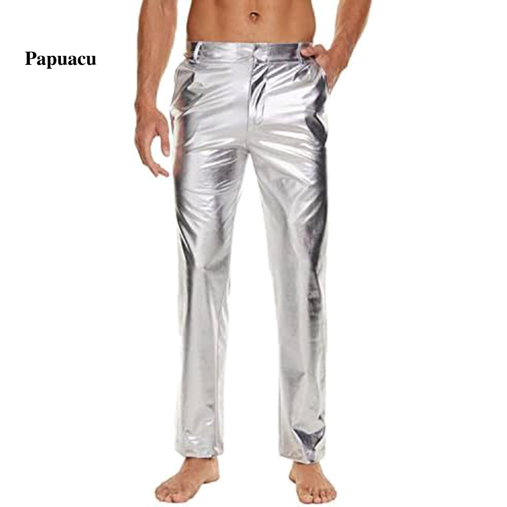 Button Zipper Fly Men Trousers Reinforced Stitching Pants Men’s Mid-rise Shiny with Pockets Solid Color Glossy Club fo