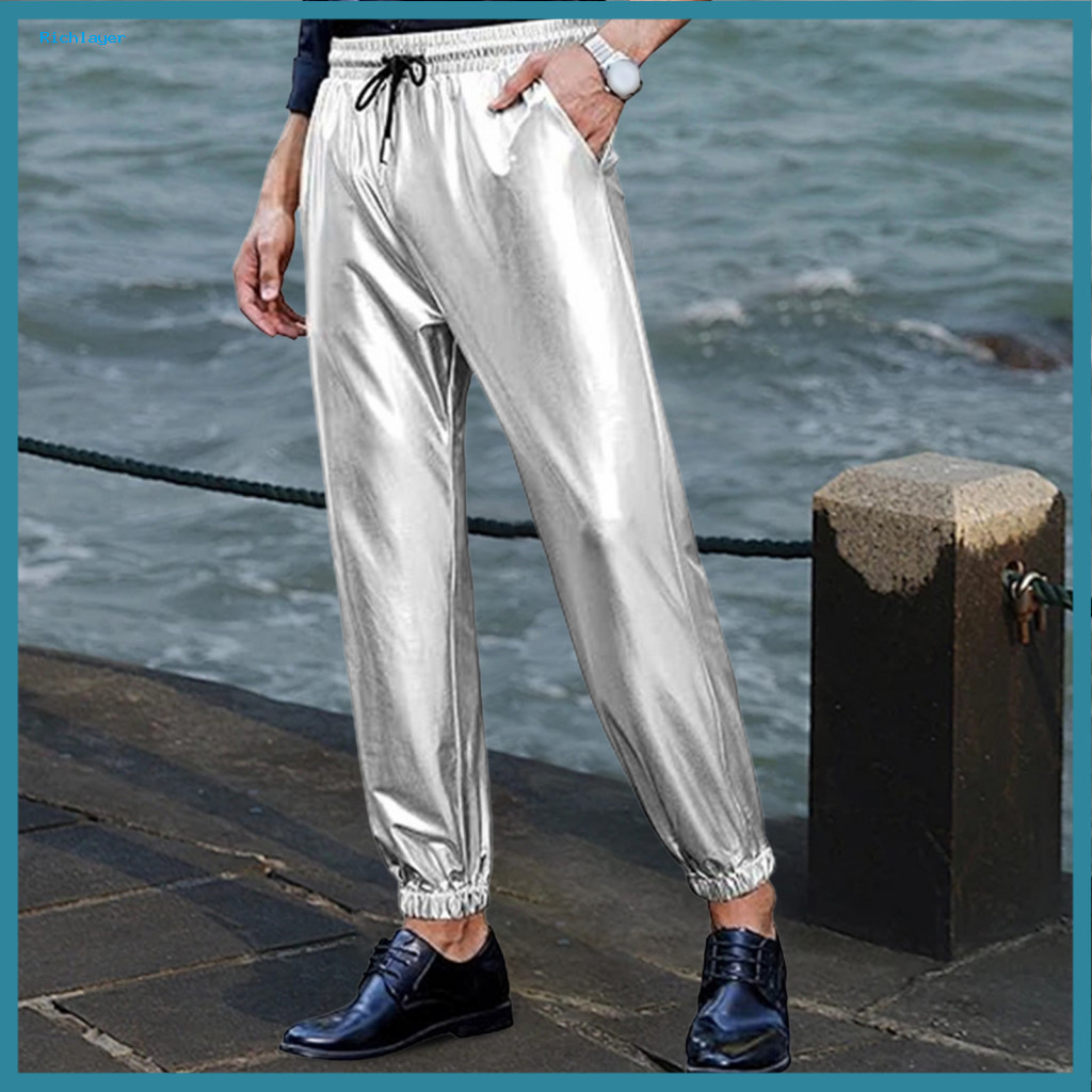 Elastic Waist Men Leggings Shiny Men's Glossy Disco Pants with Drawstring Ankle Bands Pockets – Stylish Stage Party Ni