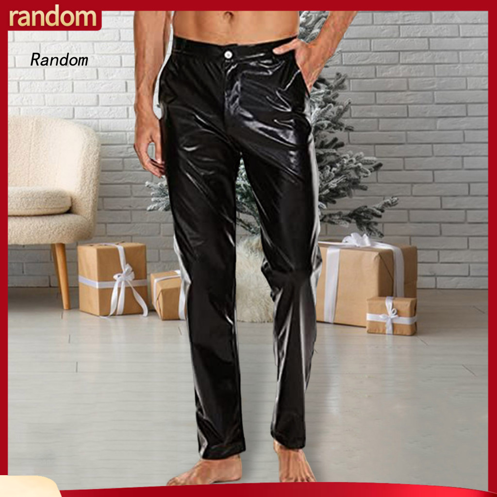 Men Bamboo Fiber Pants Long Men's Mid-rise Shiny Casual with Button Zipper Fly Reinforced Pockets Solid Color Glossy Tro