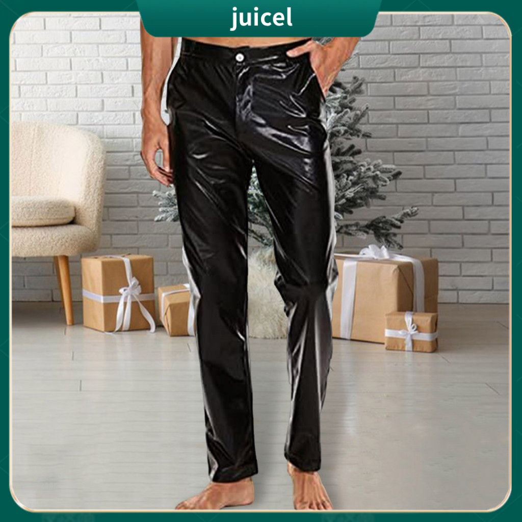 Safe Pocket Men Pants Button Zipper Fly Trousers Men’s Mid-rise Shiny with Reinforced Pockets Solid Color Glossy Club