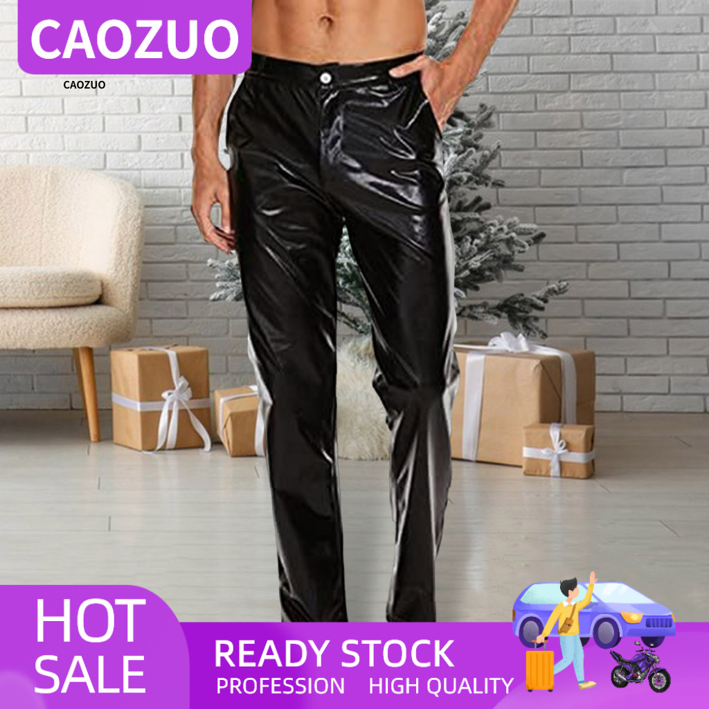 Button Zipper Fly Men Trousers Men’s Mid-rise Shiny Pants with Reinforced Pockets Solid Color Glossy Club – Stylish
