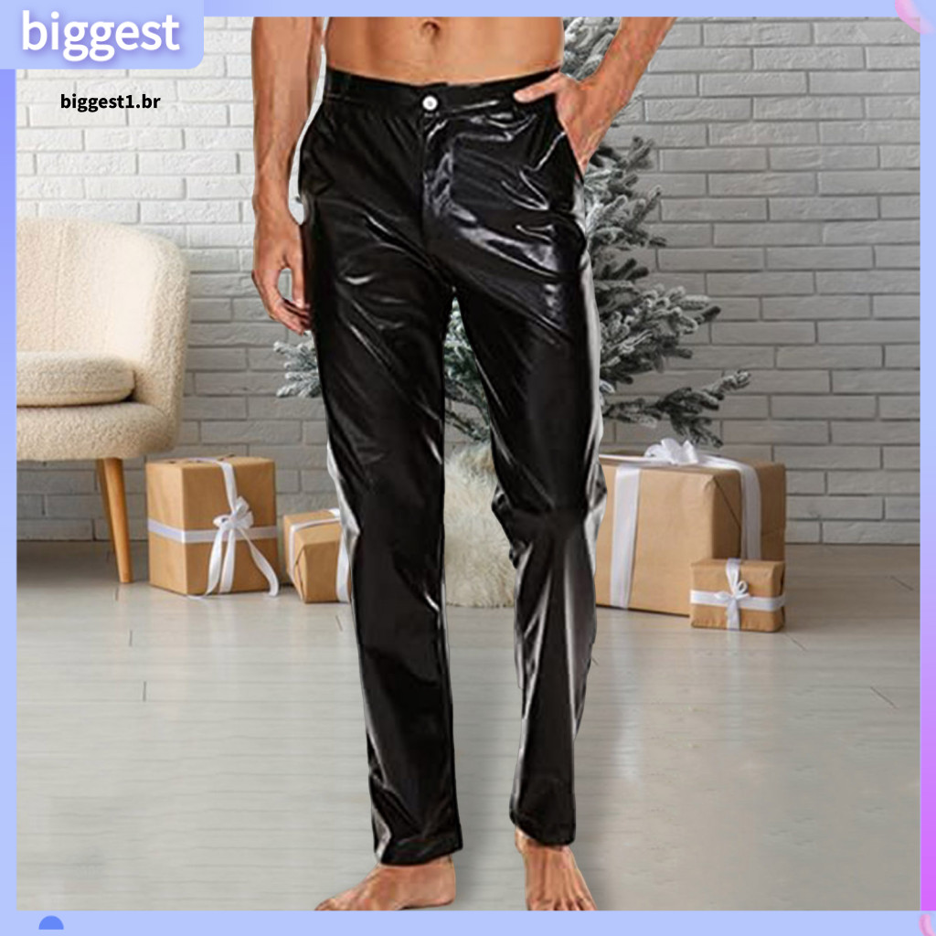 Trousers Button Zipper Fly Men Men’s Mid-rise Shiny Pants with Reinforced Pockets Solid Color Glossy Club – Stylish