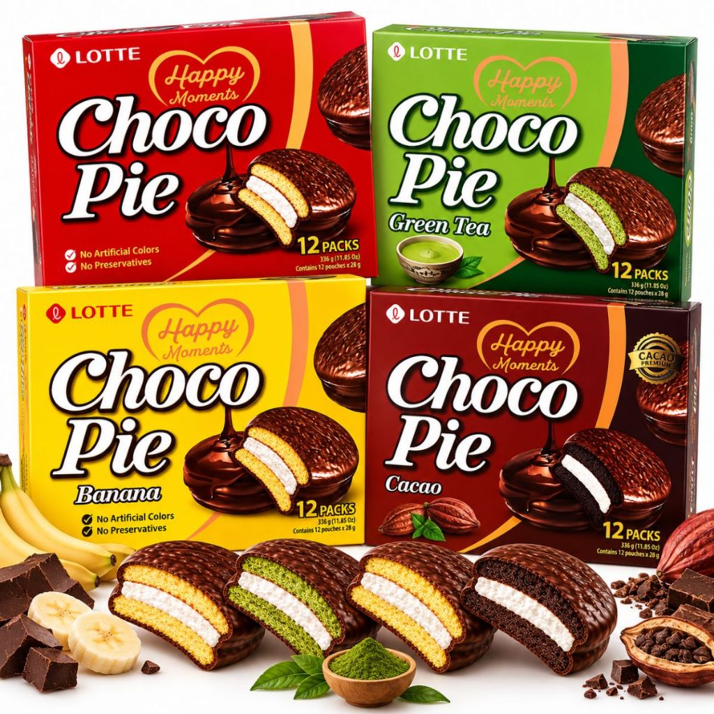 Choco Pie Lotte 336g 12un | Tradicional, Matcha, Cacau ou Banana | Bolinho Coreano Chocolate Marshmallow | Alfajor
