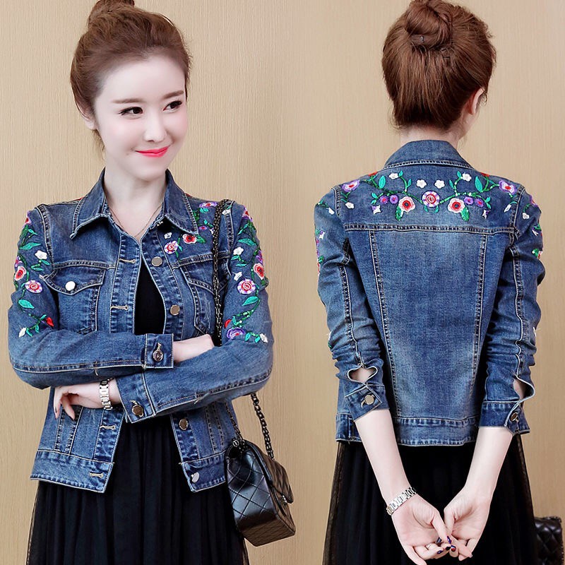 VmewSher Floral Women Denim Coat Bordado Feminino Short Basic Ladies Jean Jacket Slim Flower Outwear Casacos Outono Primavera Nova Moda